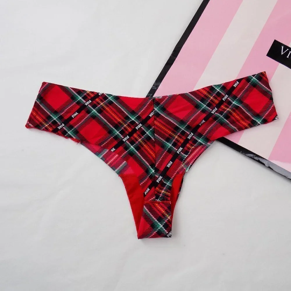 nwt victoria's secret pink plaid logo no show seamless cheeky thong lace